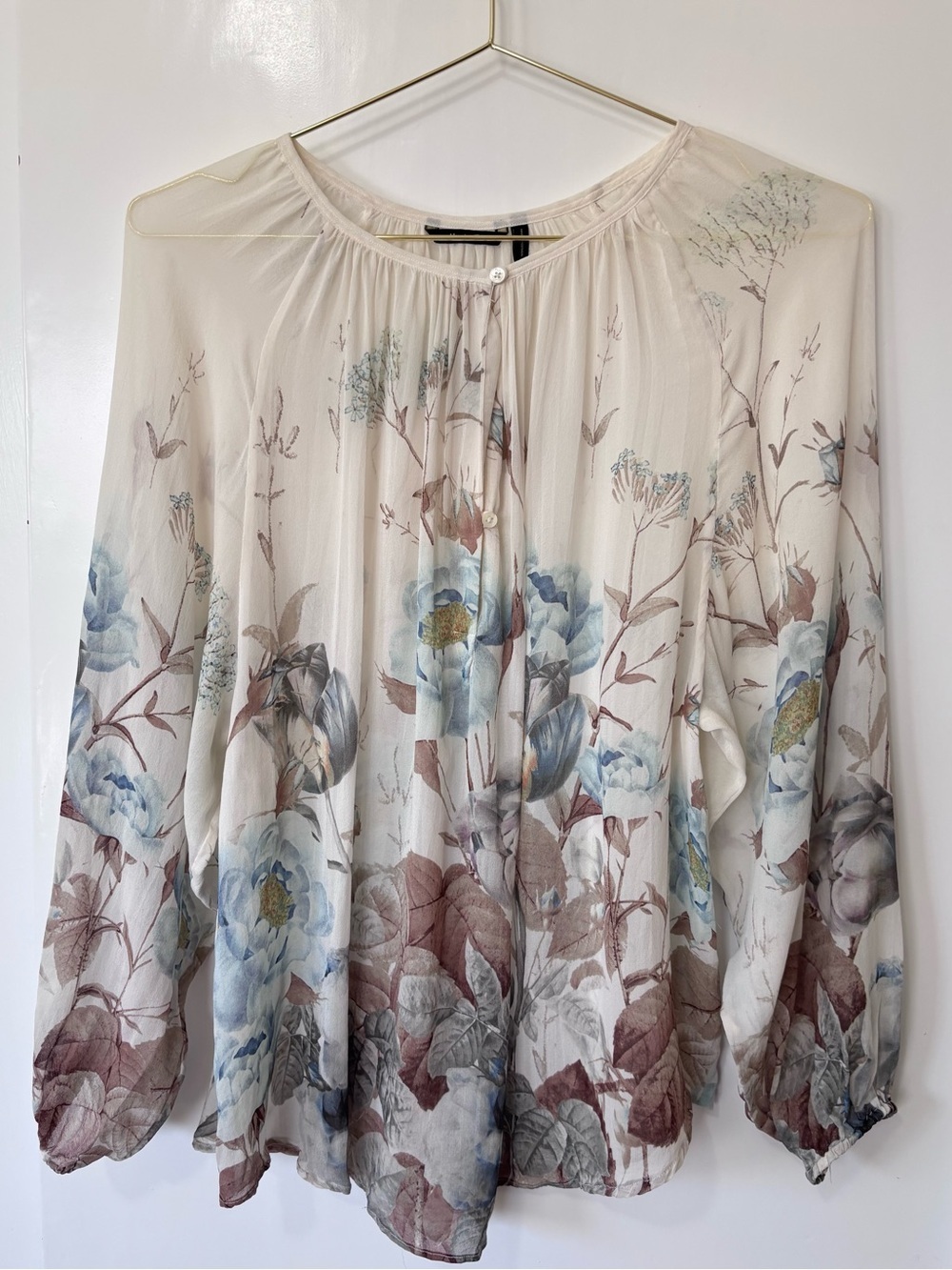 Massimo Dutti| Feminine Cream Flowy Blouse w/Blue & Brown Floral Print Sz 4